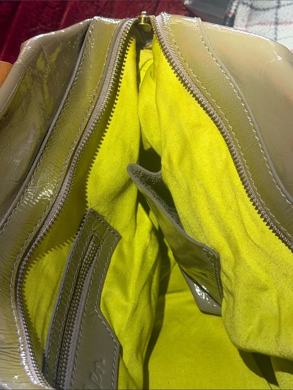Boden Green Patent Satchel with Tan Leather Handles